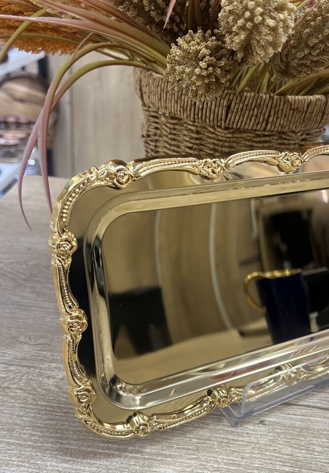 DGN- DİKDÖRTGEN GÜL KENAR GOLD TEPSİ 17x33CM