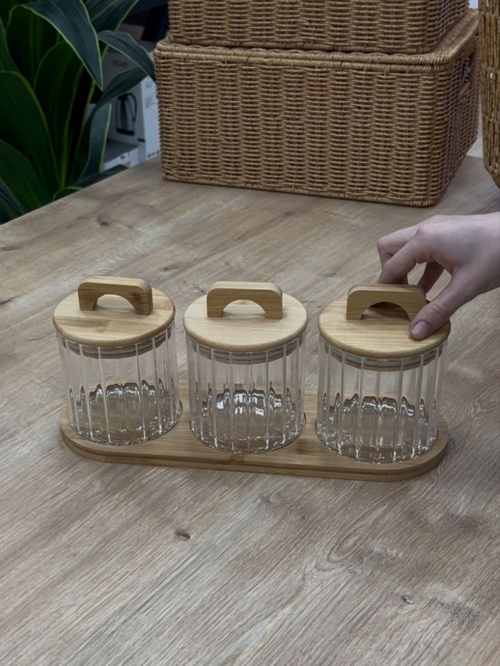 Bor030- 600ml Bambu Vakum Kapaklı 3lü Kavonoz Seti