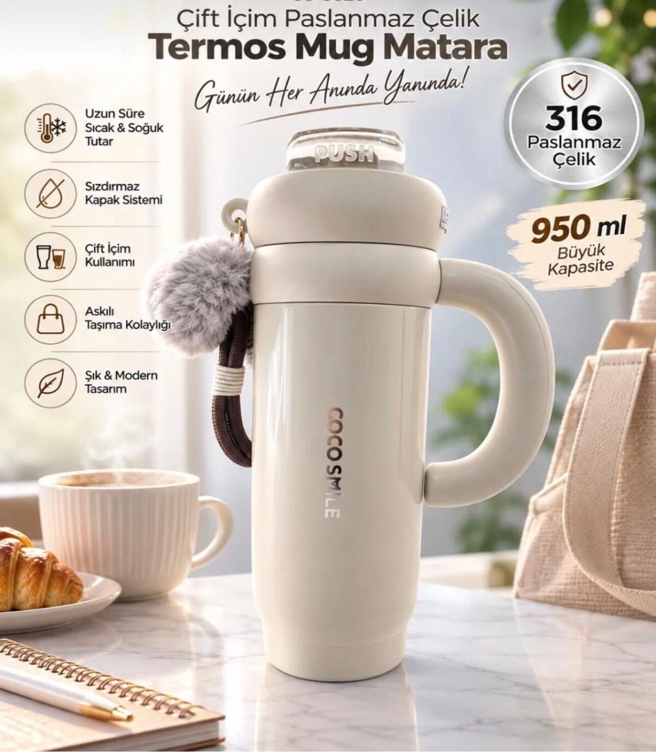 CS-8826 ÇİFT İÇİM PASLANMAZ ÇELİK TERMOS 950ML