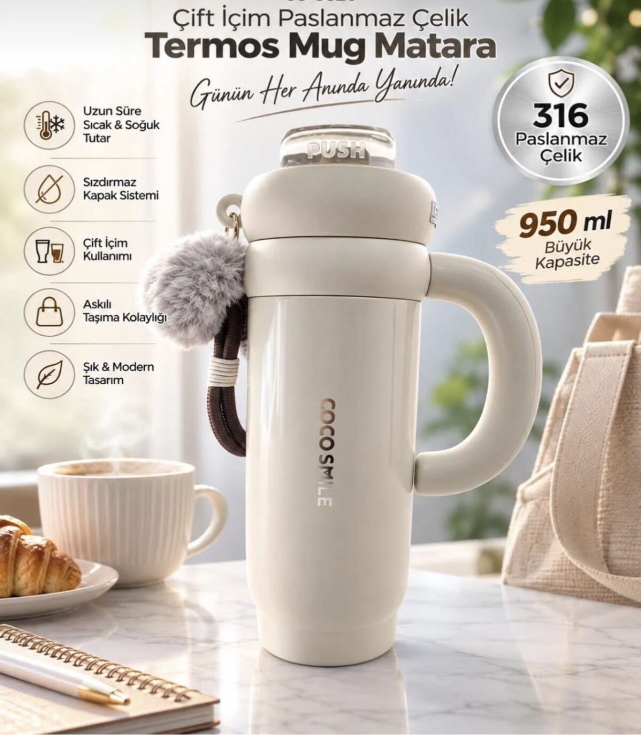 CS-8826 ÇİFT İÇİM PASLANMAZ ÇELİK TERMOS 950ML