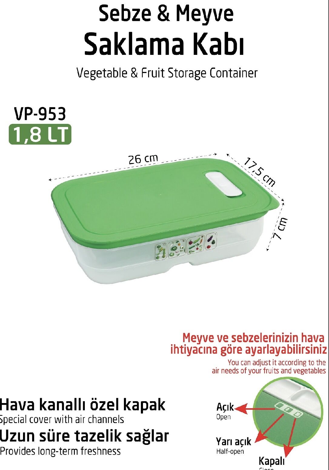 VP-953 YEŞİLLİK SAKLAMA KABI 1.8 LİTRE